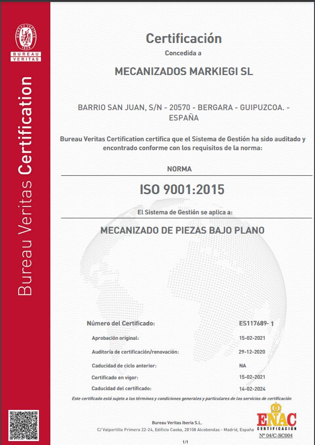 ISO9001-2015 Mecanizado de piezas bajo plano